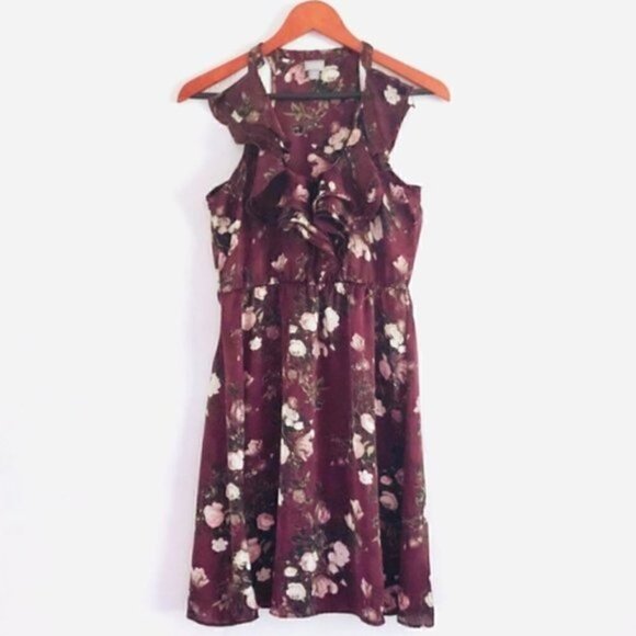 Converse Dress XS Satin Ruffle Floral Print Plum Purple - Picture 2 of 6